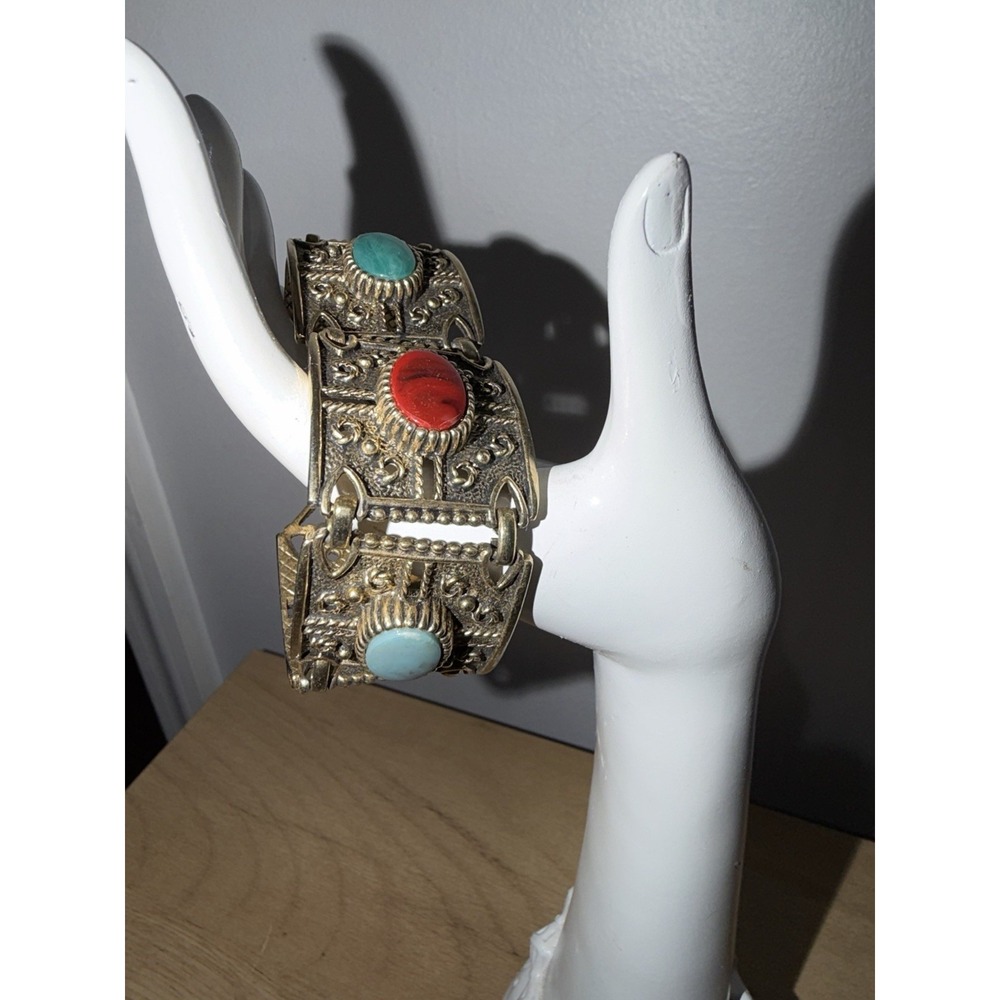 Vtg Bracelet SARAH COVENTRY Cabs Egyptian Etruscan Revival Chunky Wide Jewelry